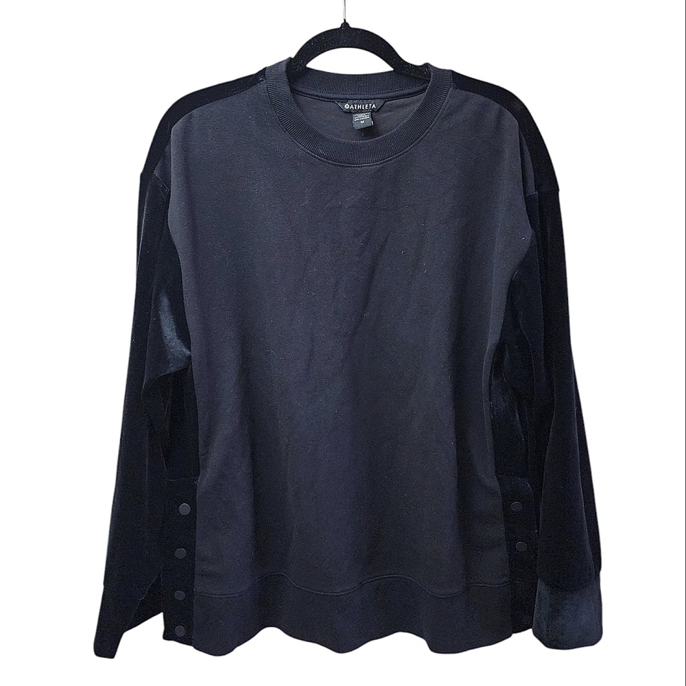 Athleta Black Velvet Retroplush Crewneck Sweatshirt Sz M Snap Sides